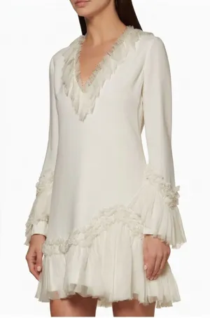 Alexis Barbara Azura Ivory Bell Long Sleeves V-Neck Ruffle Mini Dress Boho Sz M thumbnail 1