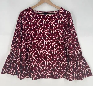 Ann Taylor Elegant Burgundy Floral Print Stretch Crepe Women's Bell Sleeve Top M thumbnail 1
