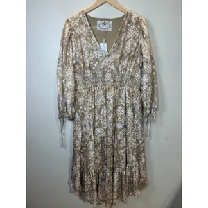 Cupio Midi Dress Women L Tan Gold Geometric Smocked Tiered Boho thumbnail 4