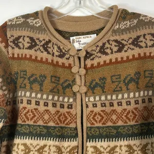 Inka Tradition Baby Alpaca‎ Hand Made Peru Fair Isle Llama Knit Cardigan Sweater thumbnail 3