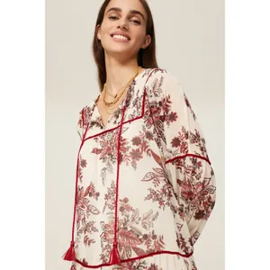 GREAT JONES Boho Floral Print Tiered Mini Dress Tassels Velvet Trim SIZE‎ L thumbnail 4
