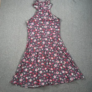 Free People Floral Halter Dress Women's Medium Sleeveless Swing Gray Pink Red thumbnail 8
