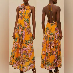 NEW FARM RIO Orange Wonderful Bouquet halter floral Maxi Dress sz XS thumbnail 2