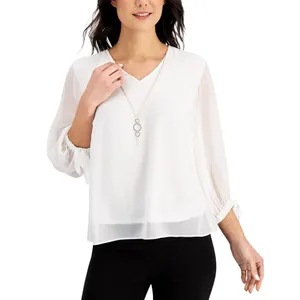 NEW JM Collection Womens ie Sleeve Shirt Top White S thumbnail 7
