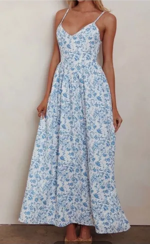 Mika &‎ Gala maxi boho white blue floral dress sleeveles coastal soft girl XL thumbnail 1