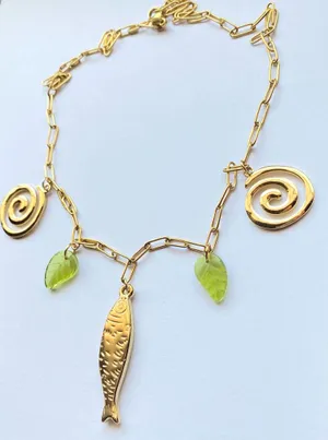 Handmade gold tone fully gold tone stainless steel fish & swirl boho funky chic necklace🌀🐟 thumbnail 4