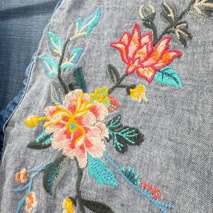John Mark Embroidered Denim Linen‎ Top L Blue Floral Boho Bell Sleeve Fringe EUC thumbnail 2