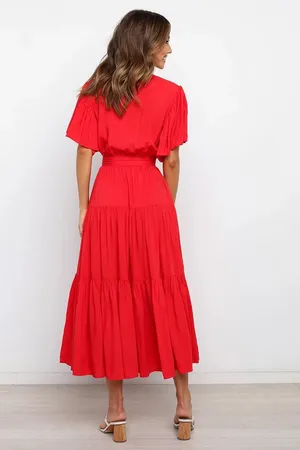 Boutique Bright Red V-neck Flutter Sleeve Midi Dress thumbnail 4
