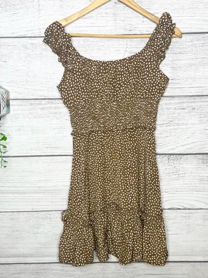 Brown & White Polka Dot Smocked Sleeveless Mini Dress with Ruffle Hem Size Small thumbnail 8