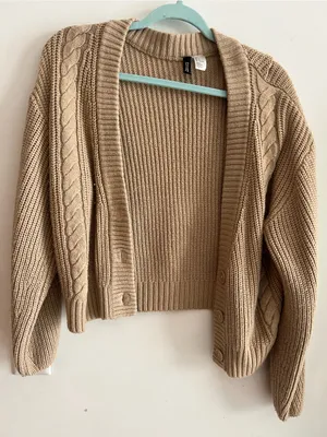 H&M Beige Cable Knit Cropped Button Front Cardigan Sweater Women’s Size L thumbnail 5