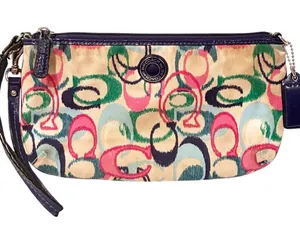 Coach Poppy Multicolor Ikat Scribble C Logo Sateen Tote Bag Purple Trim Wristlet thumbnail 1