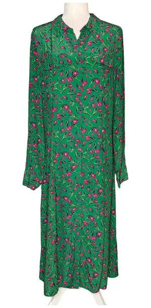 Long Tall Sally Green Button Front Midi Dress US 12 Large Shift Pink Floral thumbnail 1