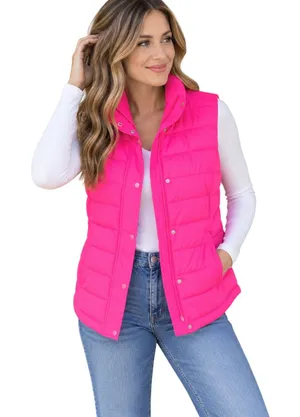 Gap Hot Pink Puffer Vest Women's Large Lightweight Quilted Snap Zip thumbnail 1