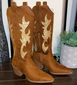 NWT!! Material Girl Brown Cowgirl Boots with Gold Accents Size 6.5 thumbnail 1