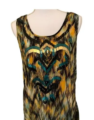 Sequined Sleeveless Printed Tunic Top With Open Back Detail By Greylin Size L thumbnail 1