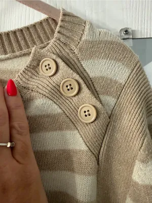 Lane Bryant Cream and Tan Striped Button-Shoulder Crew Sweater thumbnail 3