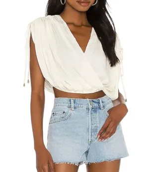 FREE PEOPLE Rachel Silky Top Ivory V-Neck Slinky Jersey Cropped Medium NWOT thumbnail 9