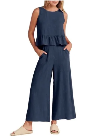 Elegant Blue Pants with Ruffled Peplum Top 2 Piece Set thumbnail 1