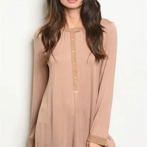 Very J Henley Button Neck Hi-Low Top Blouse Roll Sleeve Taupe Medium thumbnail 9