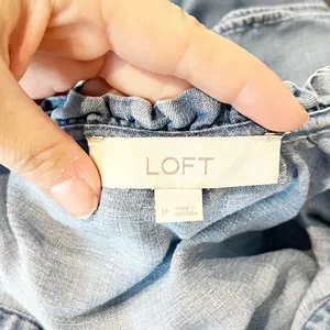 LOFT Chambray Short Ruffle Sleeve Tiered Mini Babydoll Dress Blue Medium thumbnail 3