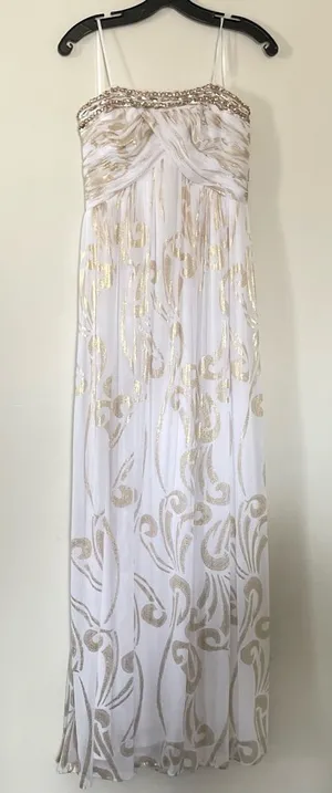 Ethereal Grecian Strapless Maxi Dress Womens 12 White Gold Beaded Formal Gown thumbnail 1