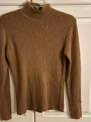 Talbots 100% Camel Hair Mock Neck Ribbed Cable Knit Sweater‎ Tan Brown Womens M thumbnail 1