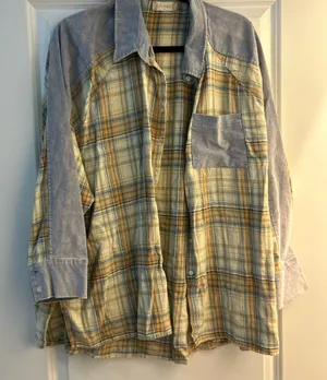 Altar'd State plaid button-up shirt with a distressed, worn-in look thumbnail 1