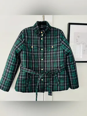 J. crew Green Tartan Plaid Belted Puffer Jacket Coat Women's size large thumbnail 2