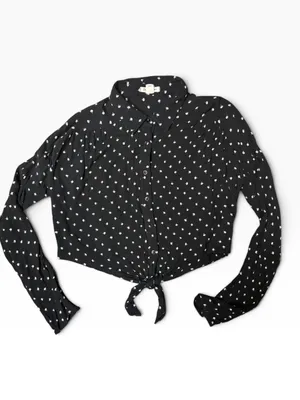 Billabong Black White Print Tie Front Button Down Cropped Blouse Large thumbnail 2