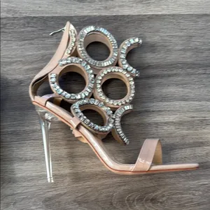 Azelia Wang Tan Stiletto Sandals 9 Nude Embellished PUT A RING ON IT Sexy Heels thumbnail 8