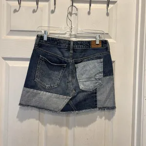 American‎ Eagle Patchwork Denim Mini Skirt Blue Cotton Frayed Hem Sz 4 Festival thumbnail 5