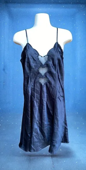 Vtg Fairy Grunge Black Slip Mini Dress Whimsigoth Romantic Satin Hearts Small thumbnail 1