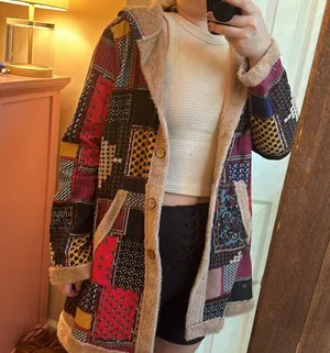 Patterned Fuzzy Lined Hoodie Jacket Tan Size M thumbnail 8