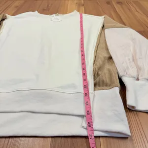 Oddi Neutral Colorblock Terry Knit Sweatshirt Corduroy Ribbed Panels Small thumbnail 3