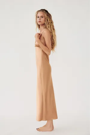 Zara maxi dress bodycon slip satin ruffle carmel evening wedding cocktail thumbnail 13