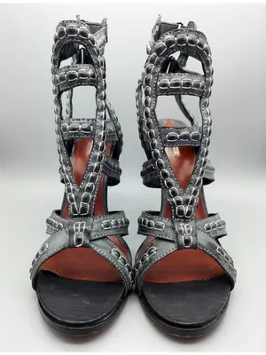 Leon Max All Leather High Heel 4.75" Tall Gray Strappy Shoes Size 8M Sexy thumbnail 2