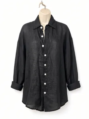 Vitamin A Eco Linen Oversized Collared Long Sleeve Shirt Black Women's Size S thumbnail 1
