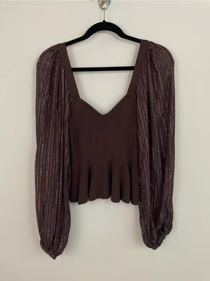 Anthropologie‎ Bl-nk Peplum Twofer Sweater Top Balloon Sleeves Brown Size Small thumbnail 3