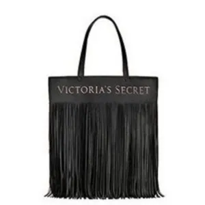 NWT Victoria's Secret Limited Edition black faux‎ leather fringe tote bag thumbnail 2