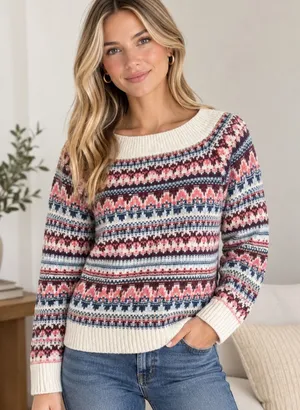 Abercrombie & Fitch Womens Fair Isle Off The Shoulder Sweater Cream Pink‎ Small thumbnail 1
