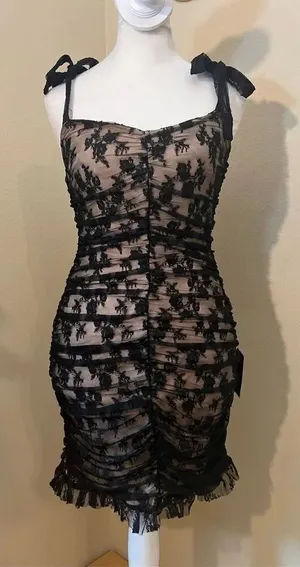 Lulus Beige Be Mine Forever Black Floral Lace Ruched Bodycon Dress XS thumbnail 1