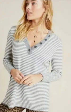 By Anthropologie Sweater Women's Large Serena Striped Button V-Neck‎ Gray Cream thumbnail 1