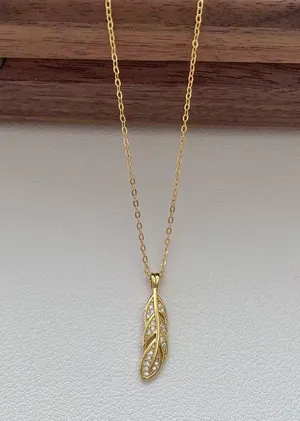 Boutique Pavé Feather Pendant Necklace • 18K Gold Vermeil Cable Chain Sterling Silver 925 thumbnail 2