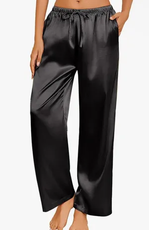Silk Satin Pajama Pants Casual Loose Lounge Pants Drawstring Elastic Waist Wide Leg Pj Bottoms with Pockets thumbnail 1