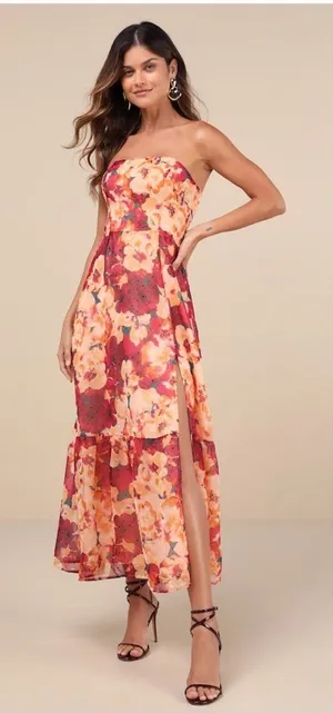 Lulus Bright Perspective Plum and Orange Floral Strapless Midi Dress thumbnail 1