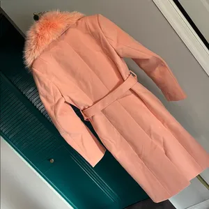 NEW - Dusty Peach Chic removable Faux Fur Collar Coat gold buttons belt pocket thumbnail 7