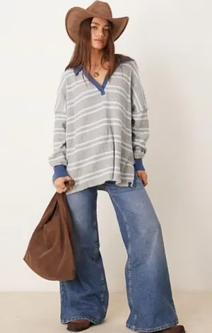Free People Striped Travis Polo Shirt - Long Sleeve (gray combo) thumbnail 1