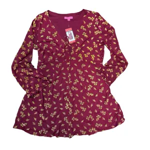 Betsey Johnson Babydoll Dress XL Red‎ Gold Floral Flocked Tie Front Y2K Style thumbnail 2