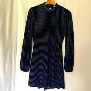 Lulu’s Ticket to chic Navy Blue Striped Velvet Balloon Sleeve dress Size small thumbnail 4
