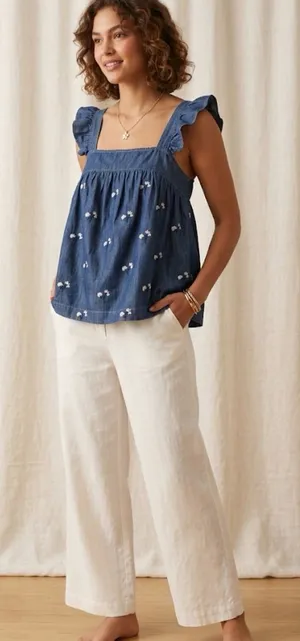 Harper Heritage Francesca’s Blue Embroidered Ruffle Denim Top - Size L - NWT thumbnail 1